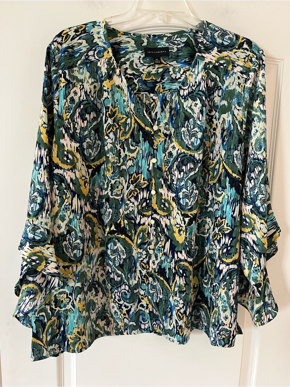Investments Mixed Green Patterned Button-Detail Ruffle Sleeve Blouse Size XL
